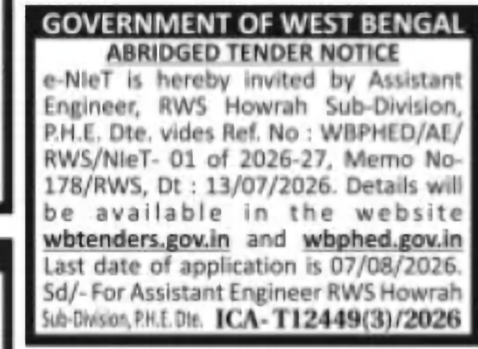 RWS Howrah Sub-Division PHED Tender