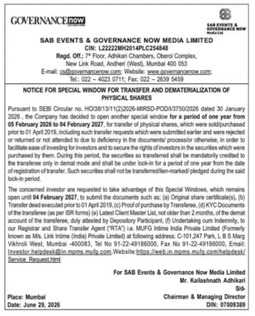 SAB Events & Governance Now Media Ltd. – Notice for Special Window for Transfer & Dematerialization of Physical Shares