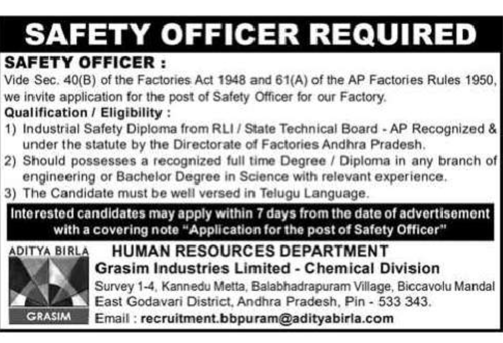 Safety Officer Recruitment – Grasim Industries Limited (Aditya Birla Group)