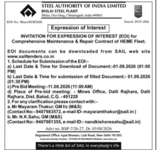 SAIL Bhilai Steel Plant Invites EOI for HEMM Maintenance Contract