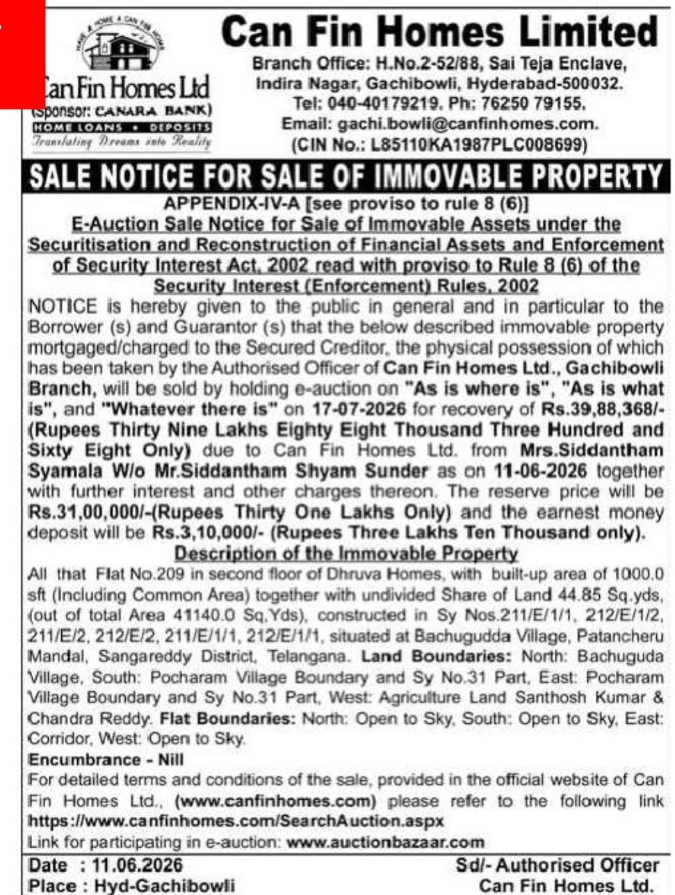 SALE NOTICE – E-AUCTION OF IMMOVABLE PROPERTY