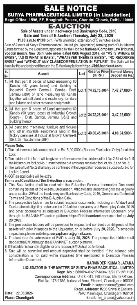 SALE NOTICE – E-AUCTION OF SURYA PHARMACEUTICAL LIMITED (IN LIQUIDATION)