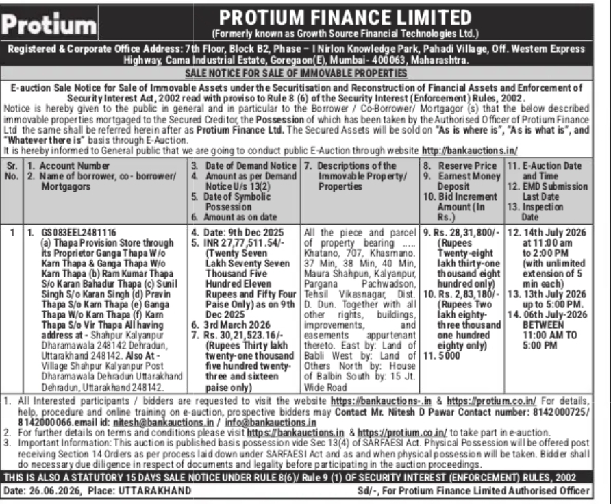 SALE NOTICE (E-Auction Sale of Immovable Property under SARFAESI Act, 2002)