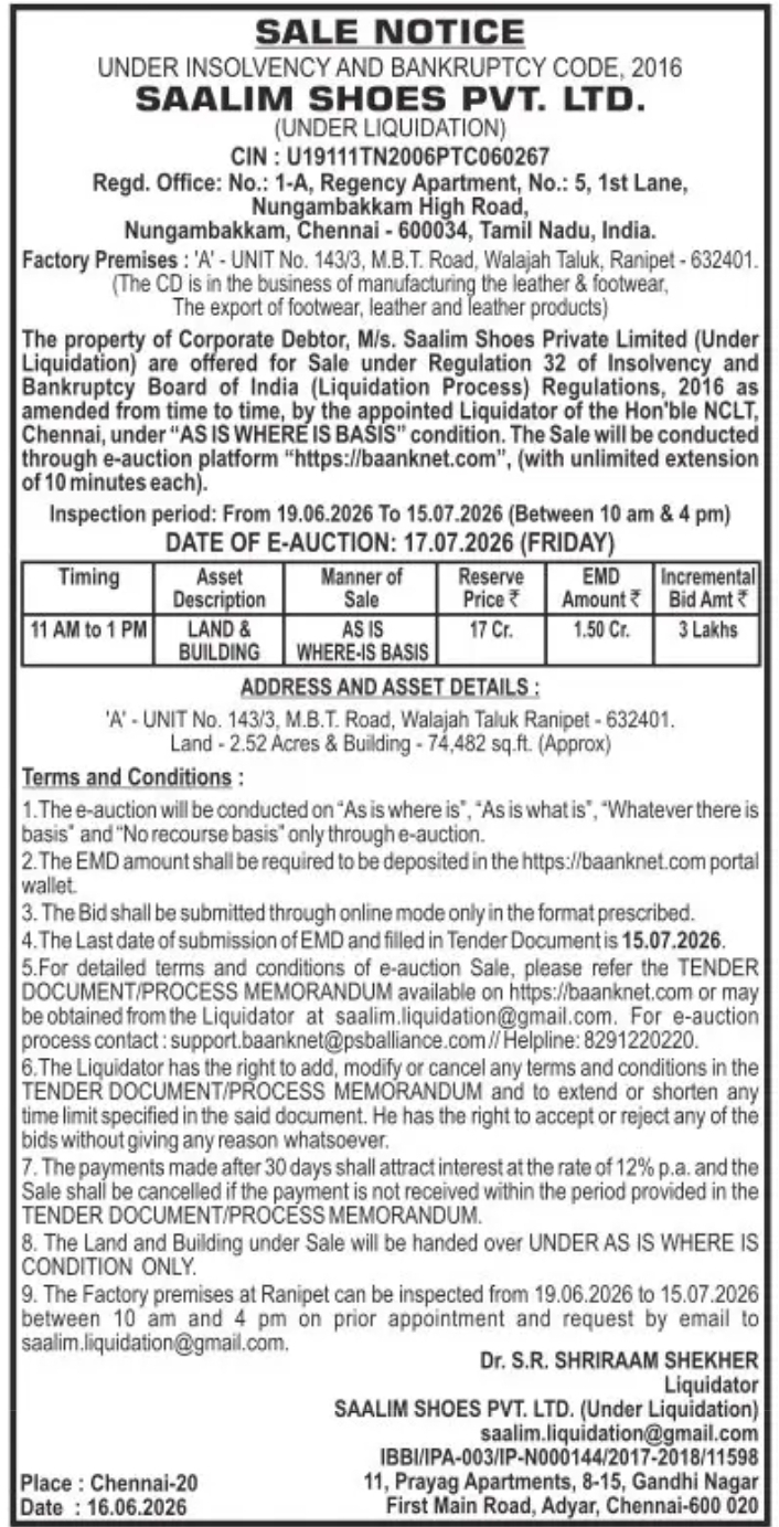 SALE NOTICE – UNDER LIQUIDATION (IBC, 2016)