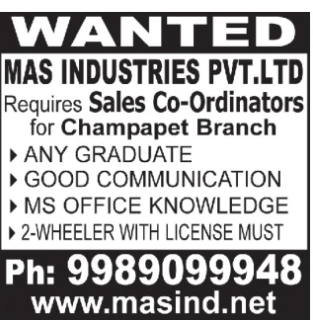 Sales Co-Ordinators Required – MAS Industries Pvt. Ltd. (Champapet)