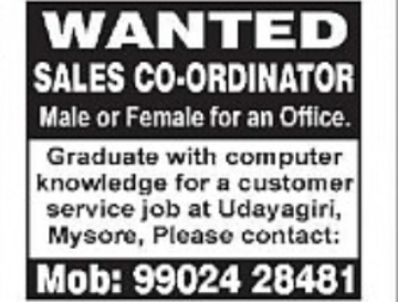 Sales Coordinator Job Vacancy in Mysore