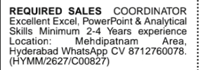 Sales Coordinator | Mehdipatnam, Hyderabad