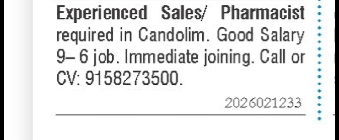 Sales Executive / Pharmacist Required – Candolim