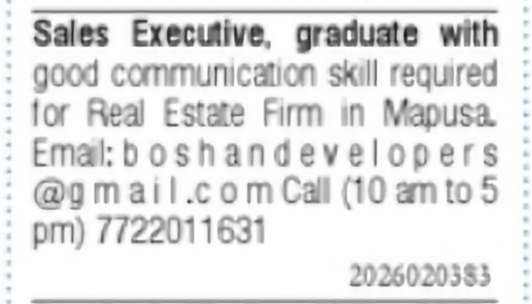 Sales Executive – Real Estate Firm, Mapusa