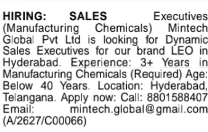 Sales Executives – Manufacturing Chemicals | Mintech Global Pvt Ltd | Hyderabad