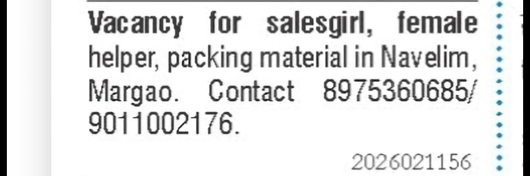 Sales Girl, Female Helper & Packing Staff Required – Navelim, Margao