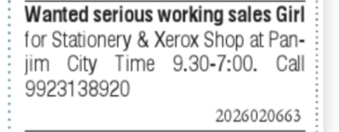Sales Girl Required – Panjim City, Goa