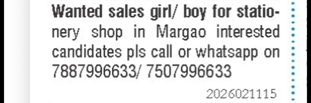 Sales Girl / Sales Boy Required – Stationery Shop, Margao