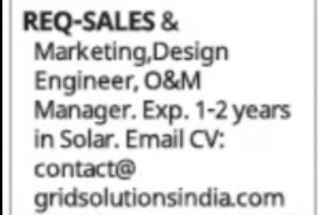 Sales & Marketing / Design Engineer / O&M Manager – Solar Industry