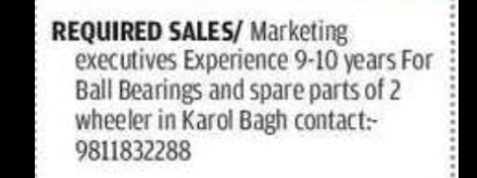 SALES & MARKETING EXECUTIVE (Ball Bearings & Auto Parts – Karol Bagh)