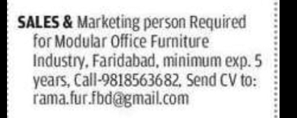 SALES & MARKETING EXECUTIVE (Modular Office Furniture – Faridabad)