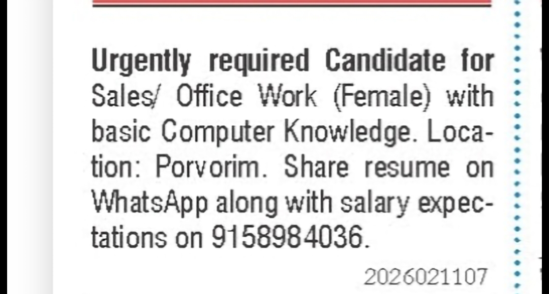 Sales / Office Work (Female) – Porvorim