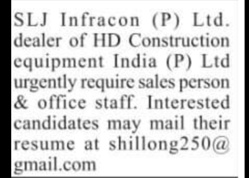 Sales Person & Office Staff Required – SLJ Infracon Pvt. Ltd.
