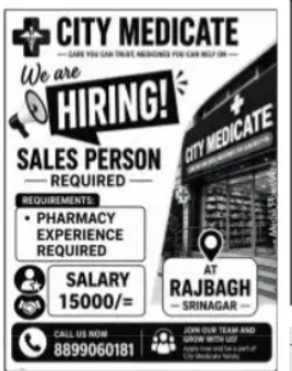 Sales Person Required – City Medicate Pharmacy, Rajbagh, Srinagar