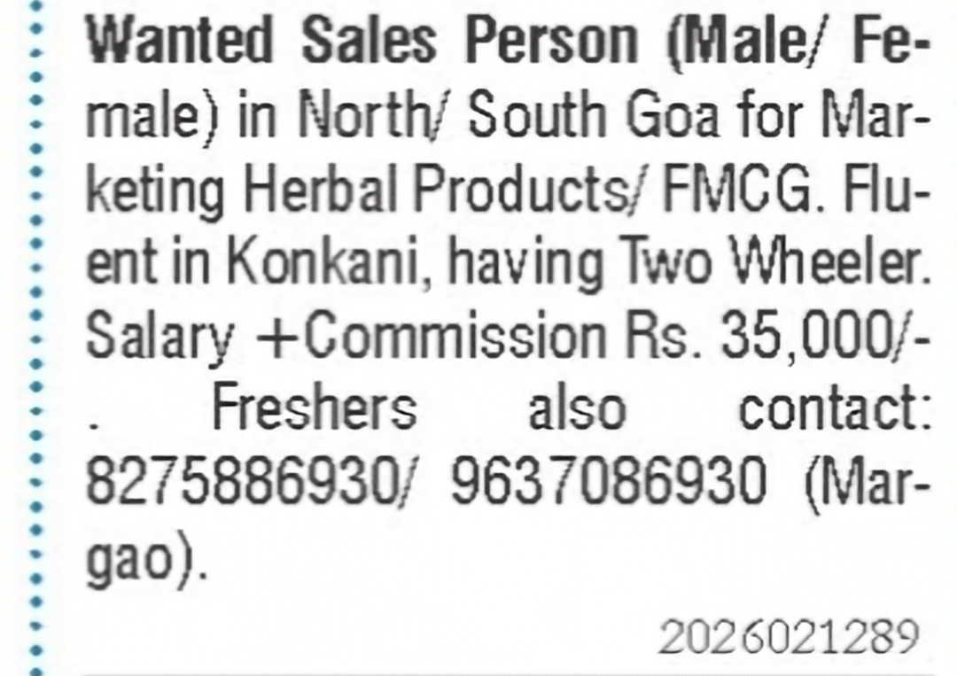 Sales Person Required for Herbal Products/FMCG