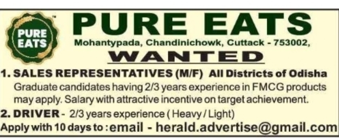 Sales Representatives & Drivers – Pure Eats, Odisha