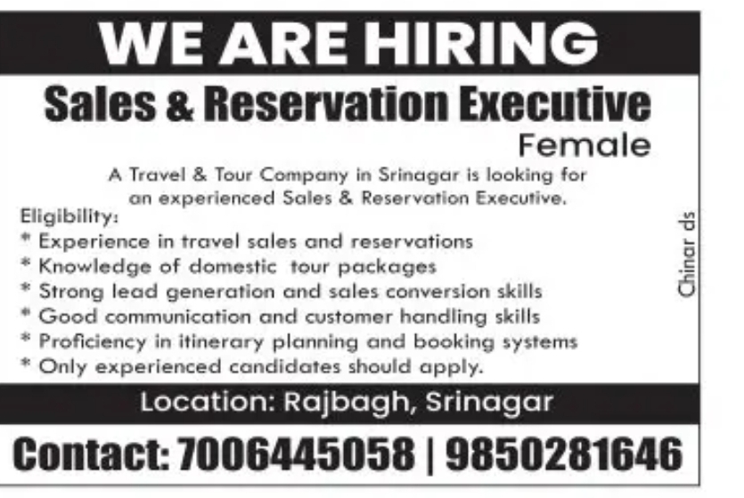 Sales & Reservation Executive (Female) – Travel & Tour Company Hiring in Srinagar