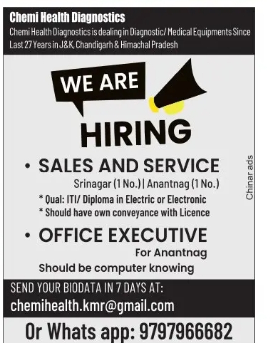 Sales, Service & Office Executive Jobs at Chemi Health Diagnostics