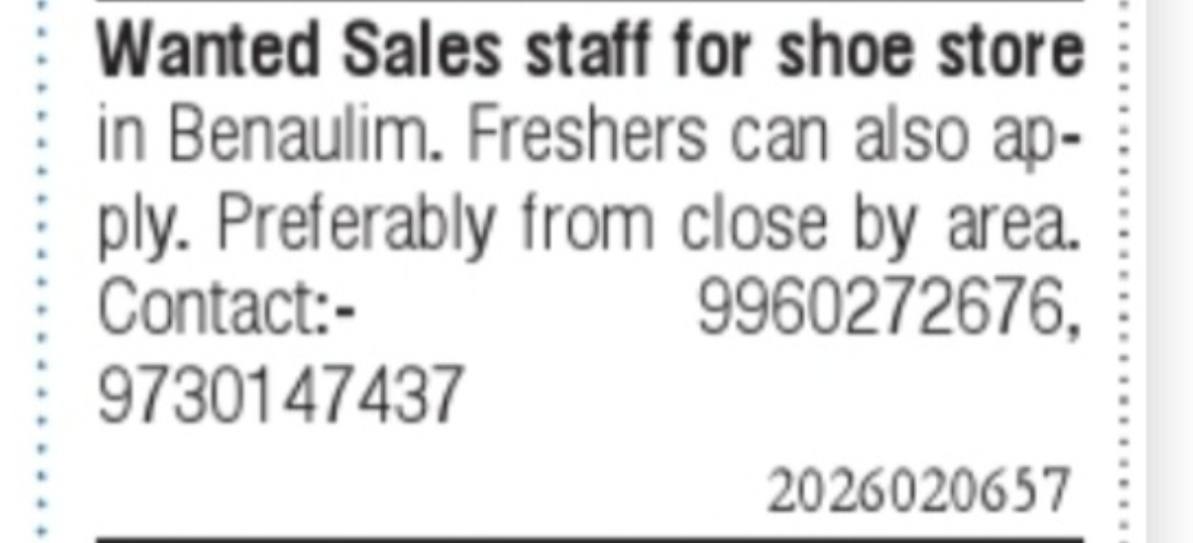 Sales Staff Required – Benaulim, Goa