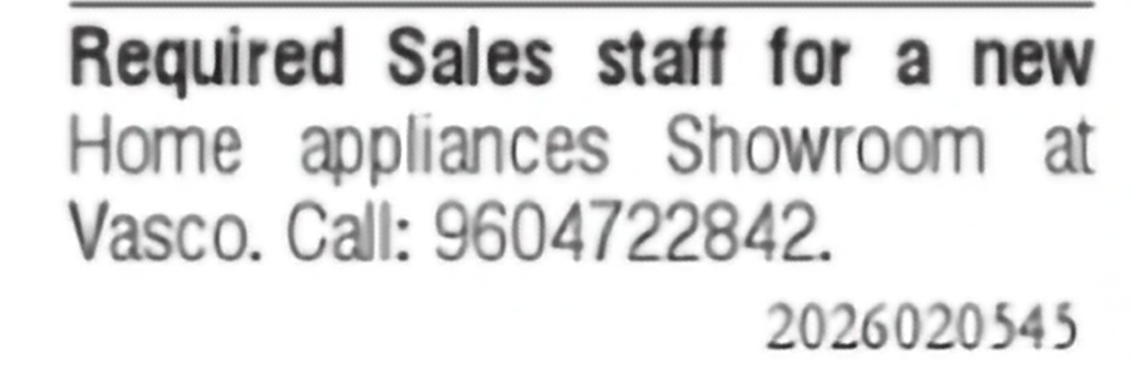 Sales Staff Required – New Home Appliances Showroom, Vasco