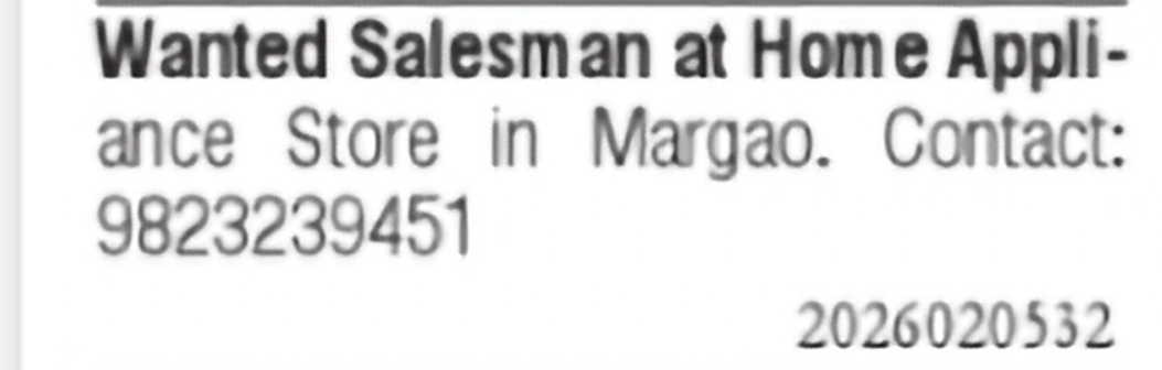 Salesman Required – Home Appliance Store, Margao