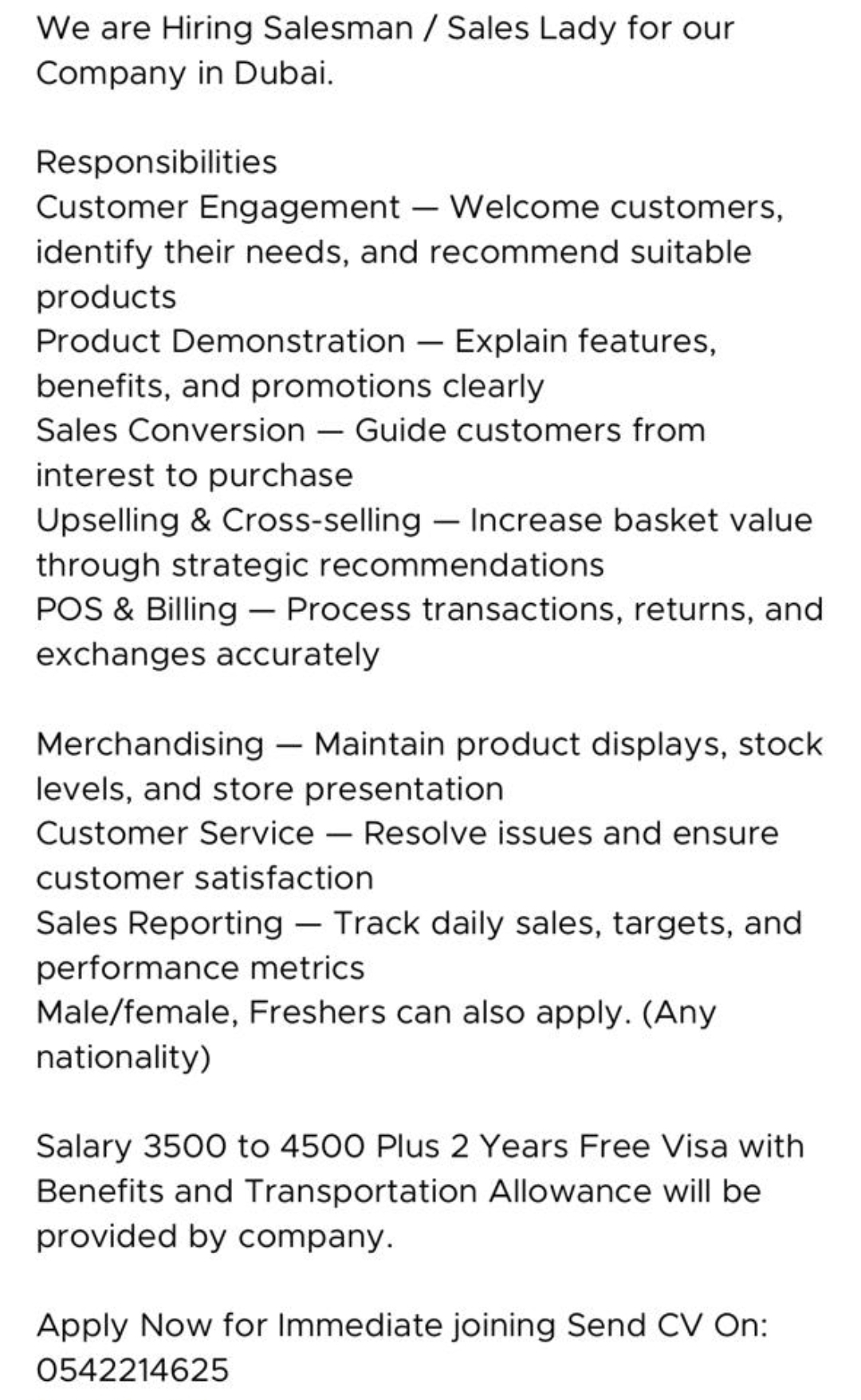 Salesman / Sales Lady Hiring