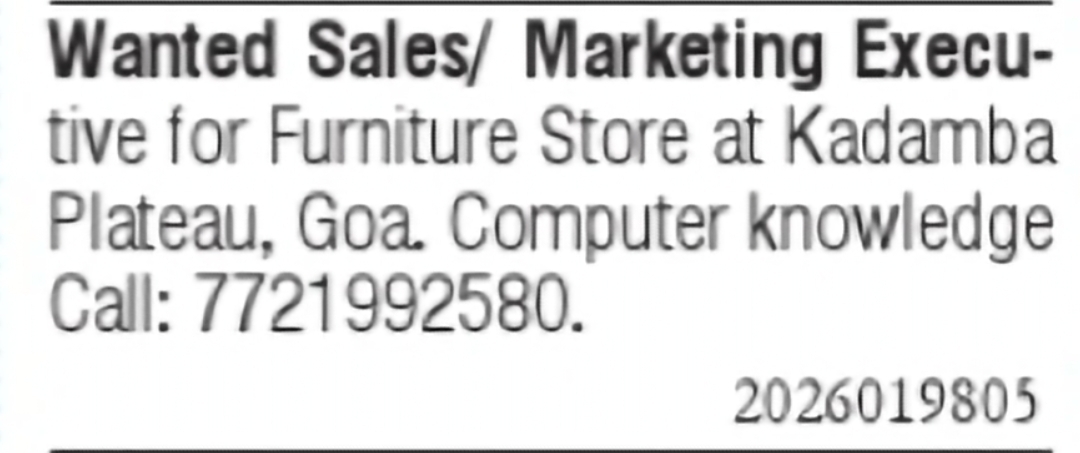 Sales/Marketing Executive Required for Furniture Store