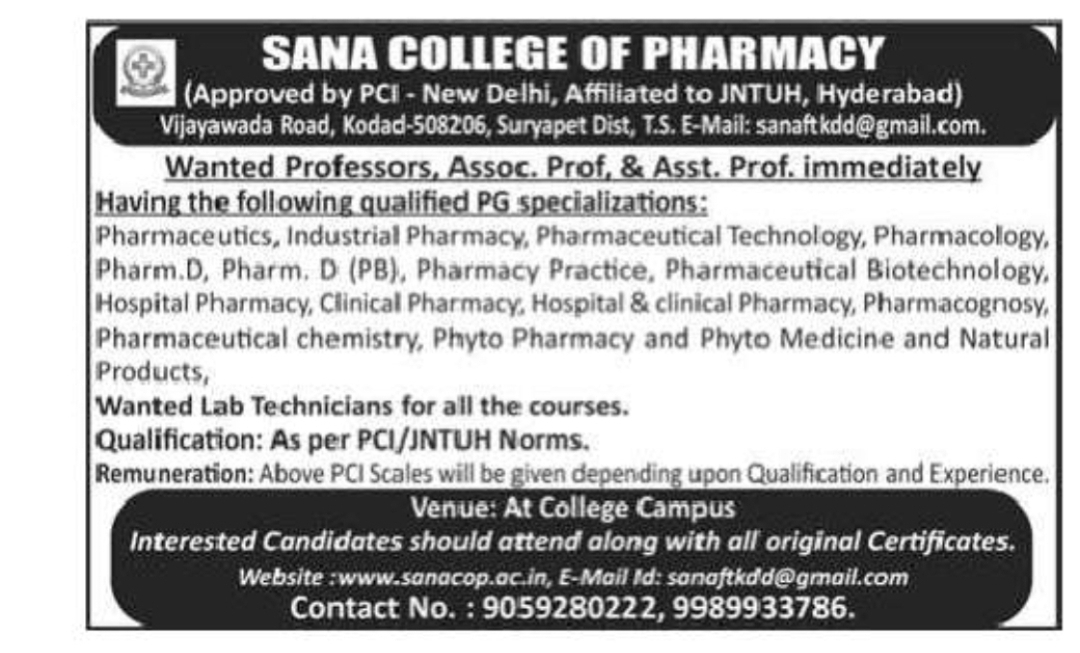 Sana College of Pharmacy – Faculty & Lab Technician Recruitment