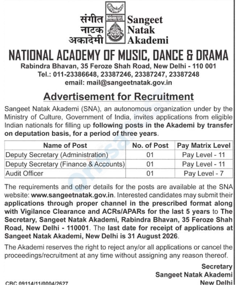 Sangeet Natak Akademi Recruitment 2026 – Deputy Secretary & Audit Officer Posts