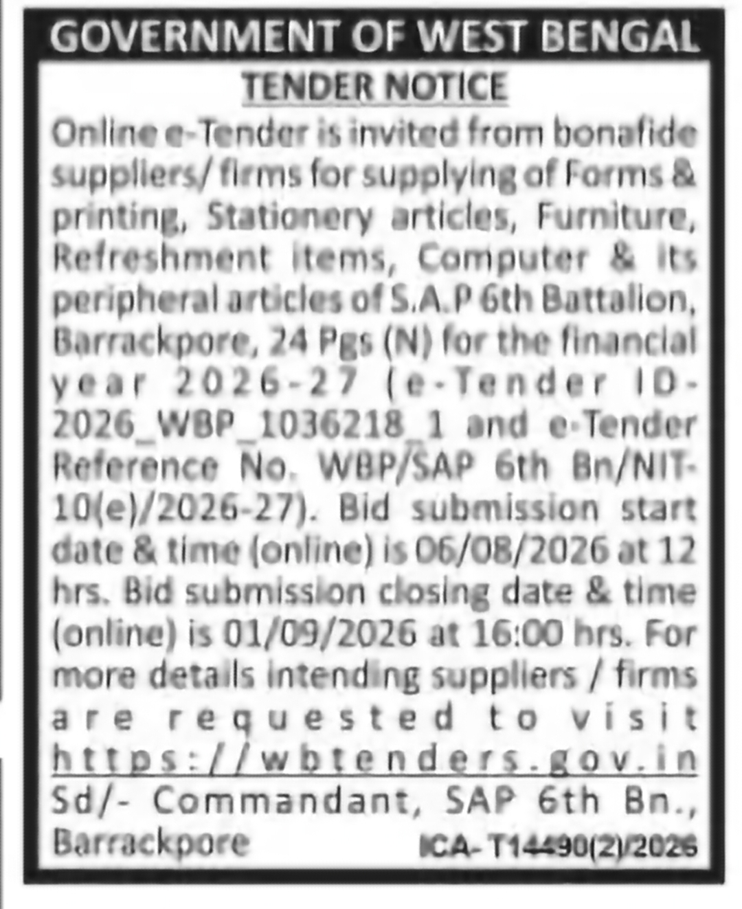 SAP 6th Battalion – Supply of Stationery & Other Items