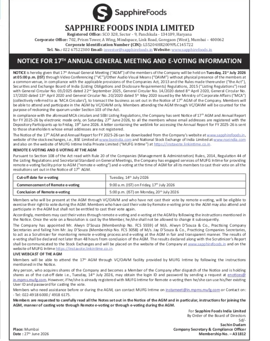 Sapphire Foods India Limited – Notice of 17th Annual General Meeting (AGM) & E-Voting Information