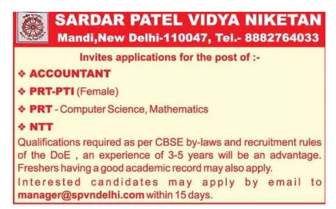 🔷 Sardar Patel Vidya Niketan – Teaching & Staff Jobs