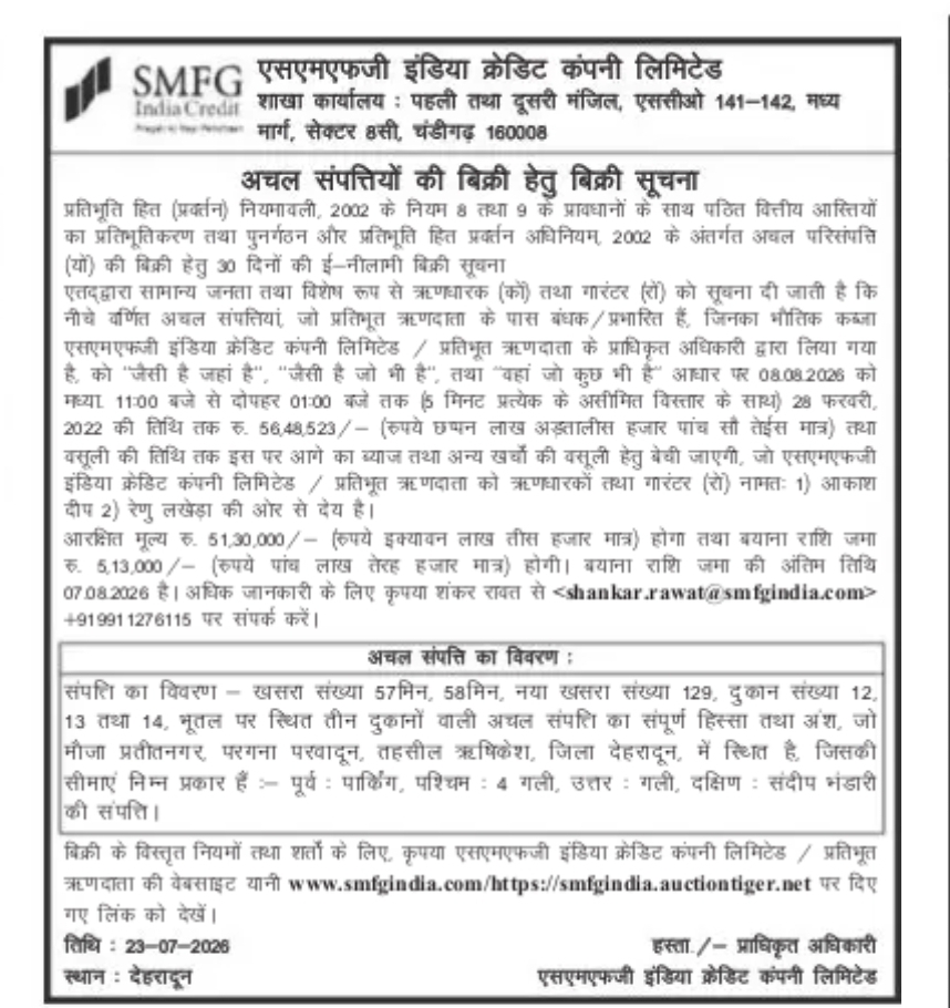 SARFAESI Auction Notice – SMFG India Credit Company Limited, Dehradun
