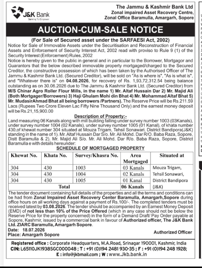 SARFAESI Auction Sale Notice – Flour Mill Property for Sale in Bandipora, J&K