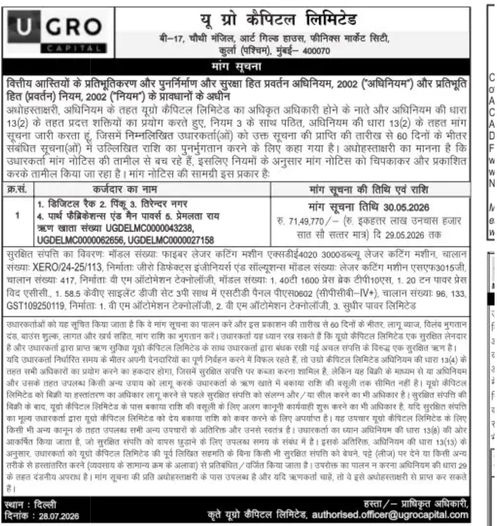 SARFAESI Demand Notice – U GRO Capital Limited | Borrower: Digital Rack 2 Pinku / Parry Fabrications & Man Powers
