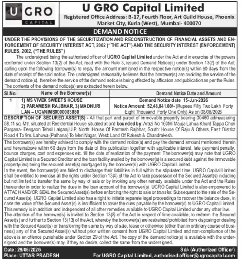 SARFAESI Demand Notice – UGRO Capital Limited | Vivek Sweets House & Others