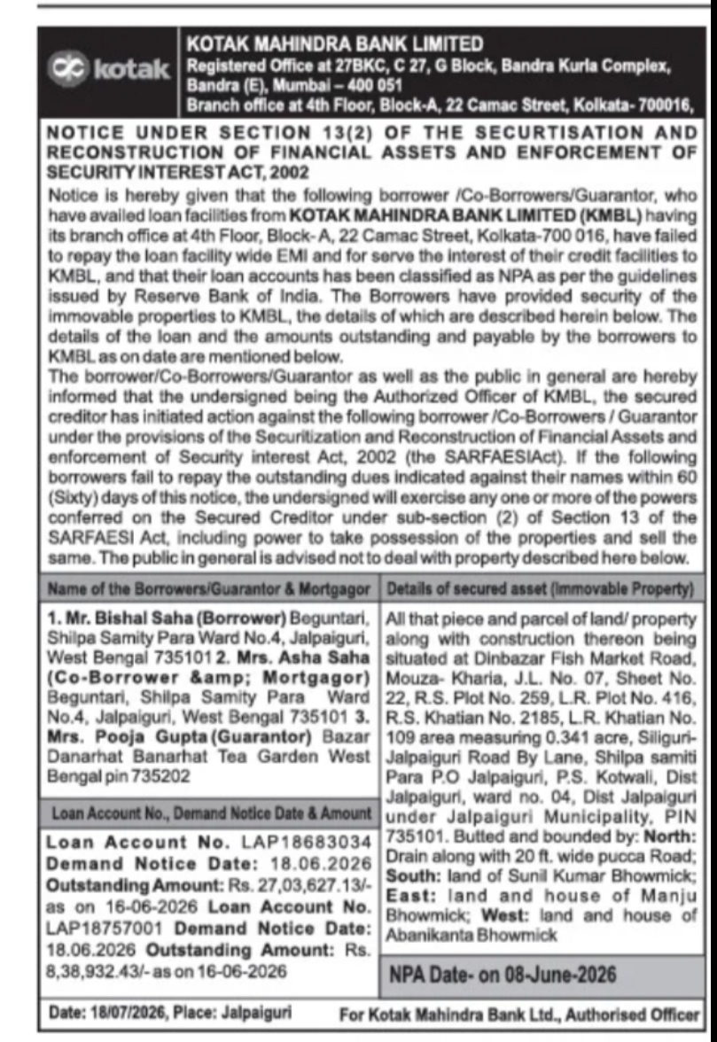 SARFAESI Notice – Kotak Mahindra Bank Property Recovery Action in Jalpaiguri