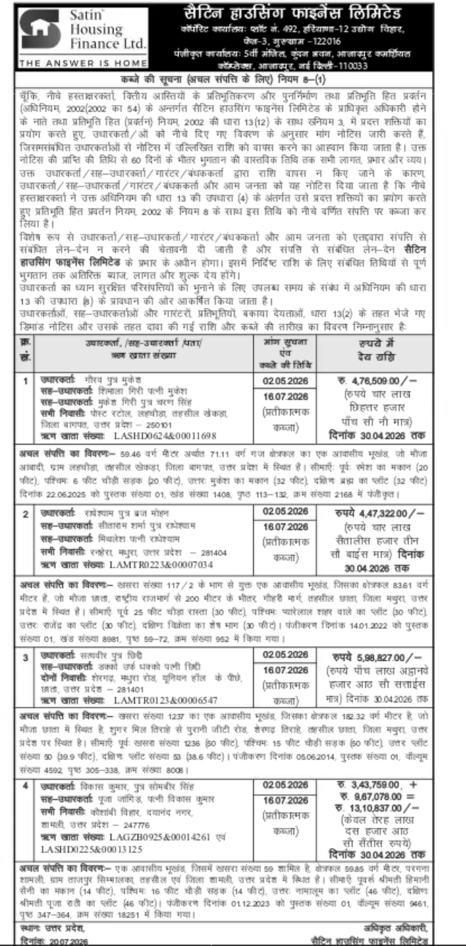 SATIN Housing Finance Ltd. – Possession Notice for Mortgaged Properties in Uttar Pradesh