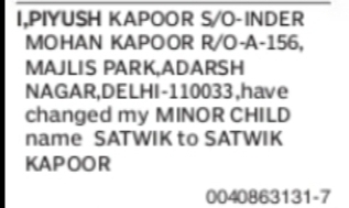 Satwik Kapoor Minor Name Change Notice
