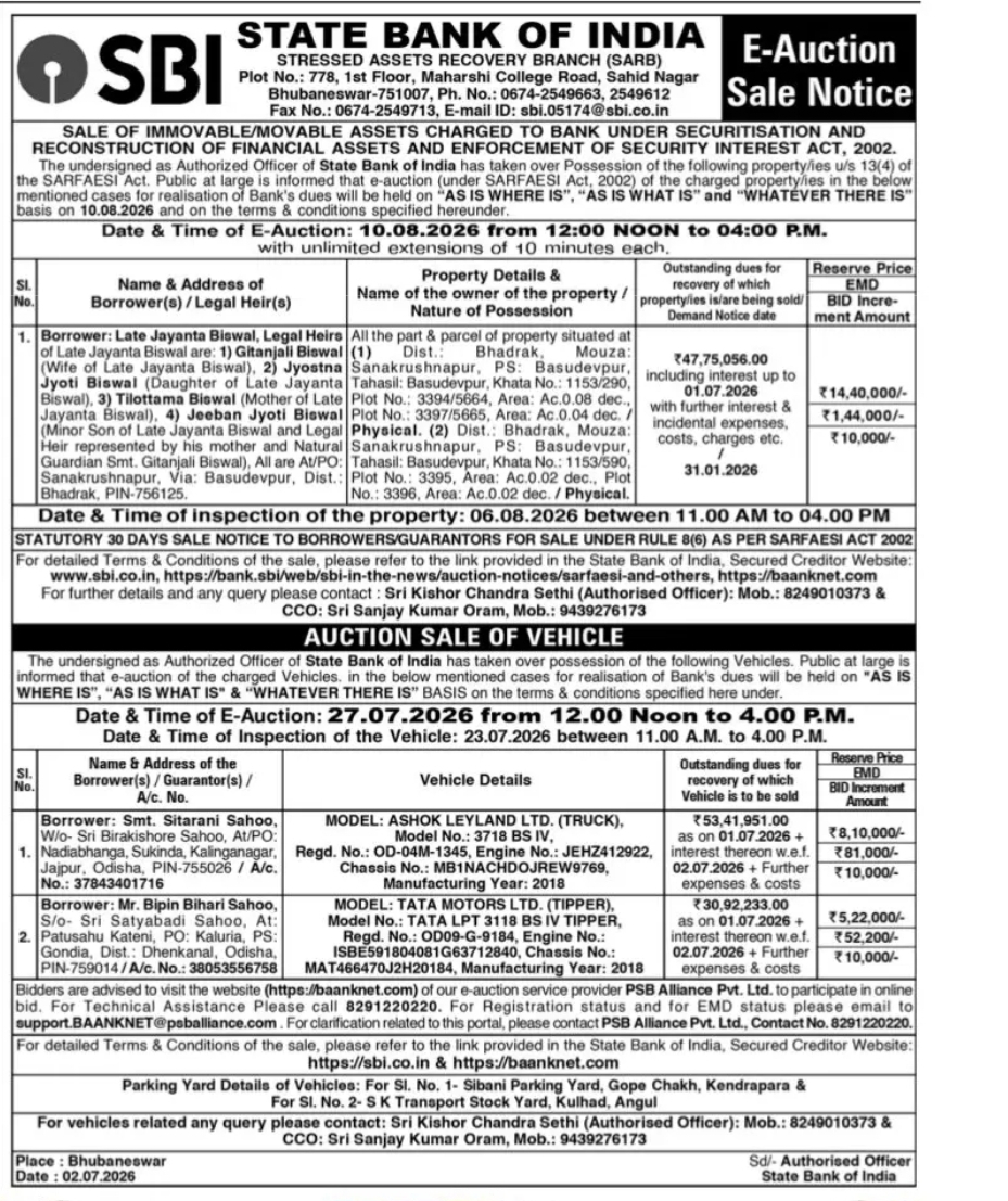 SBI E-Auction Notice – Immovable Property & Vehicles | Bhubaneswar | July–August 2026