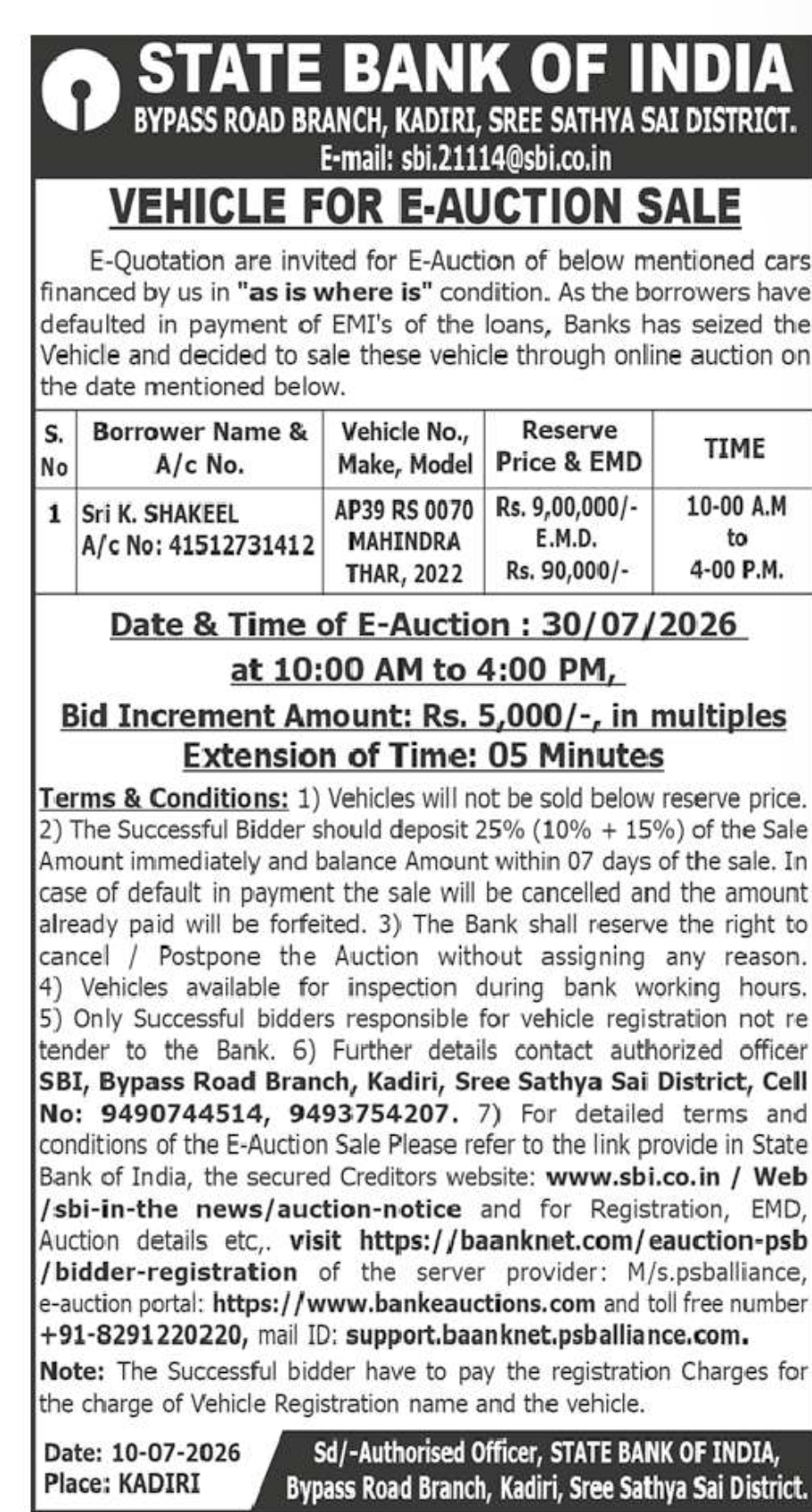SBI E-Auction Notice – Mahindra Thar (2022) for Sale at Kadiri