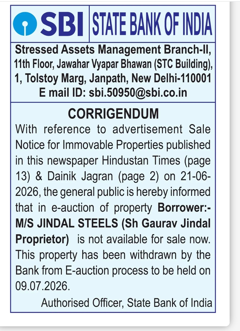 SBI E-Auction Property Withdrawal Notice – M/S Jindal Steels