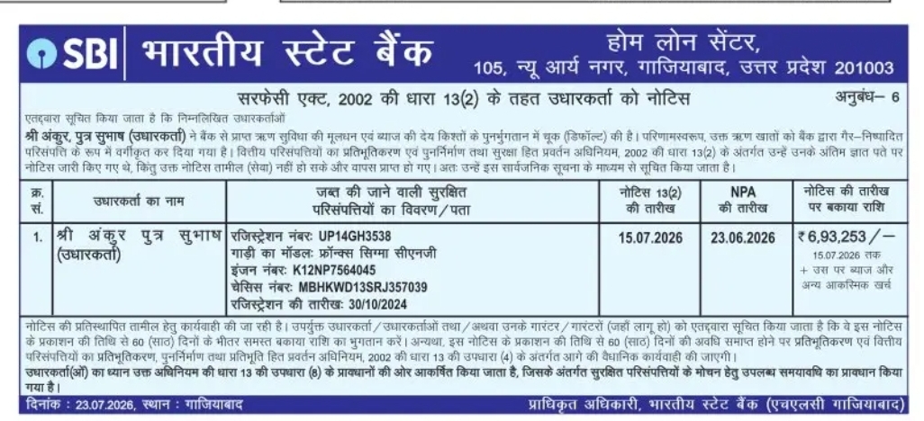 SBI Home Loan SARFAESI Notice – Borrower Shri Ankur (Ghaziabad, UP)