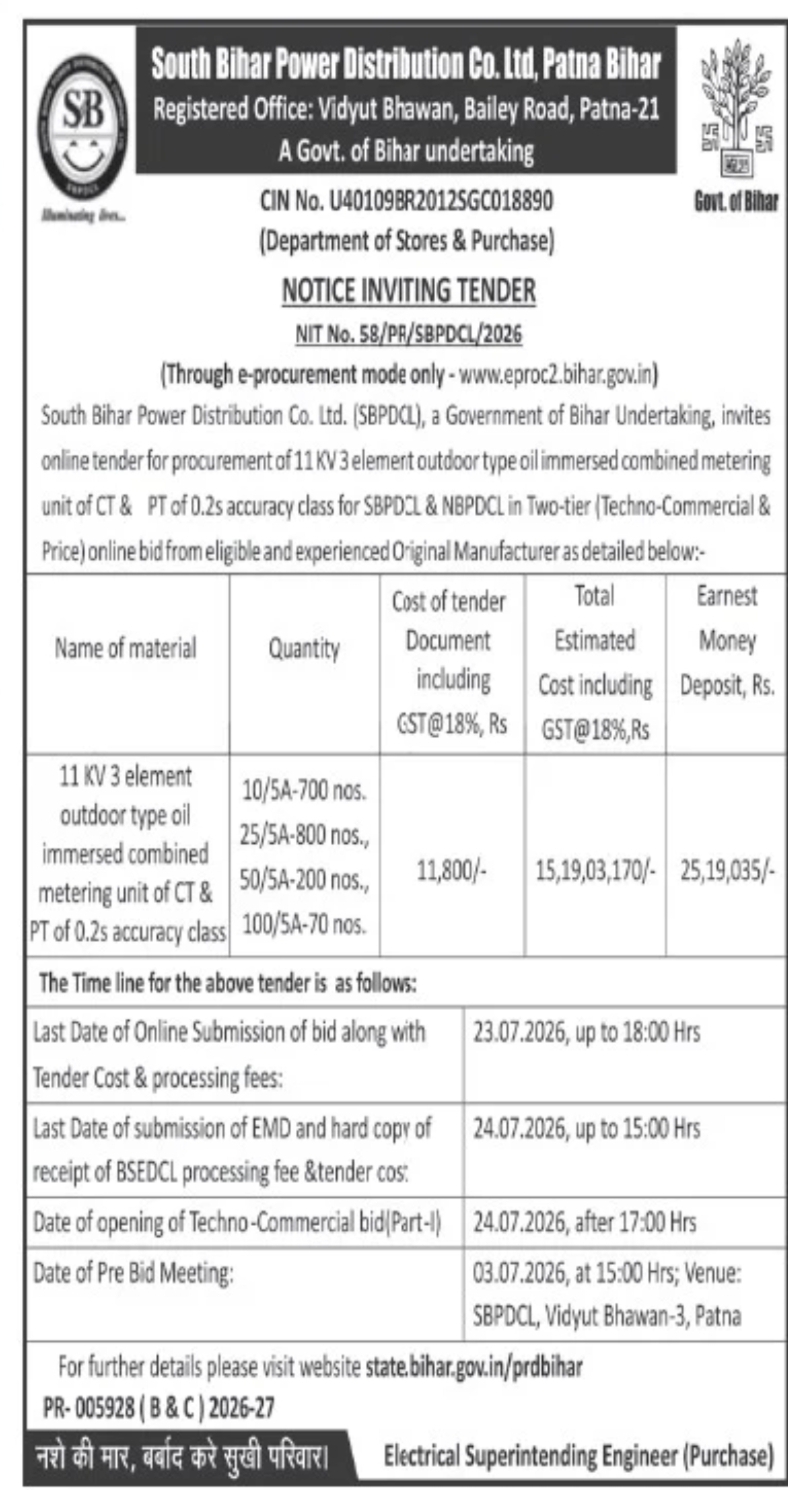 SBPDCL Invites Tender for Procurement of 11 KV Outdoor Combined Metering Units in Bihar