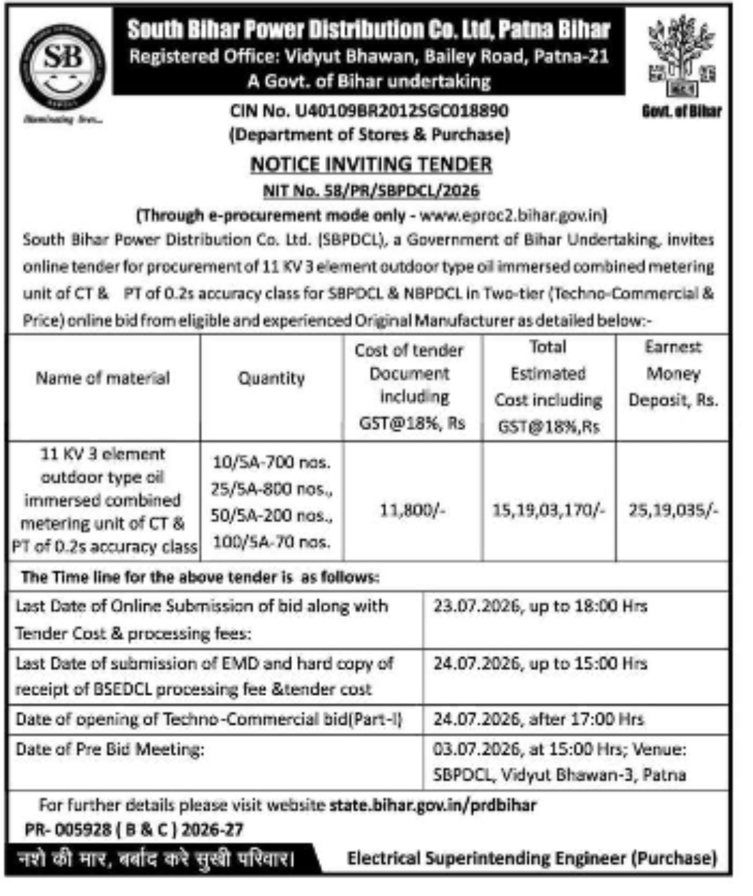 SBPDCL NIT 58/PR/2026 – Procurement of 11 KV Outdoor CT/PT Combined Metering Units on e-Procurement Basis